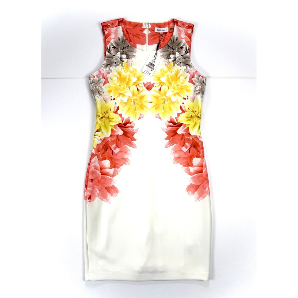 NWT Calvin Klein Floral Sheath Dress Womens 12 Sleeveless Coral Yellow #1966